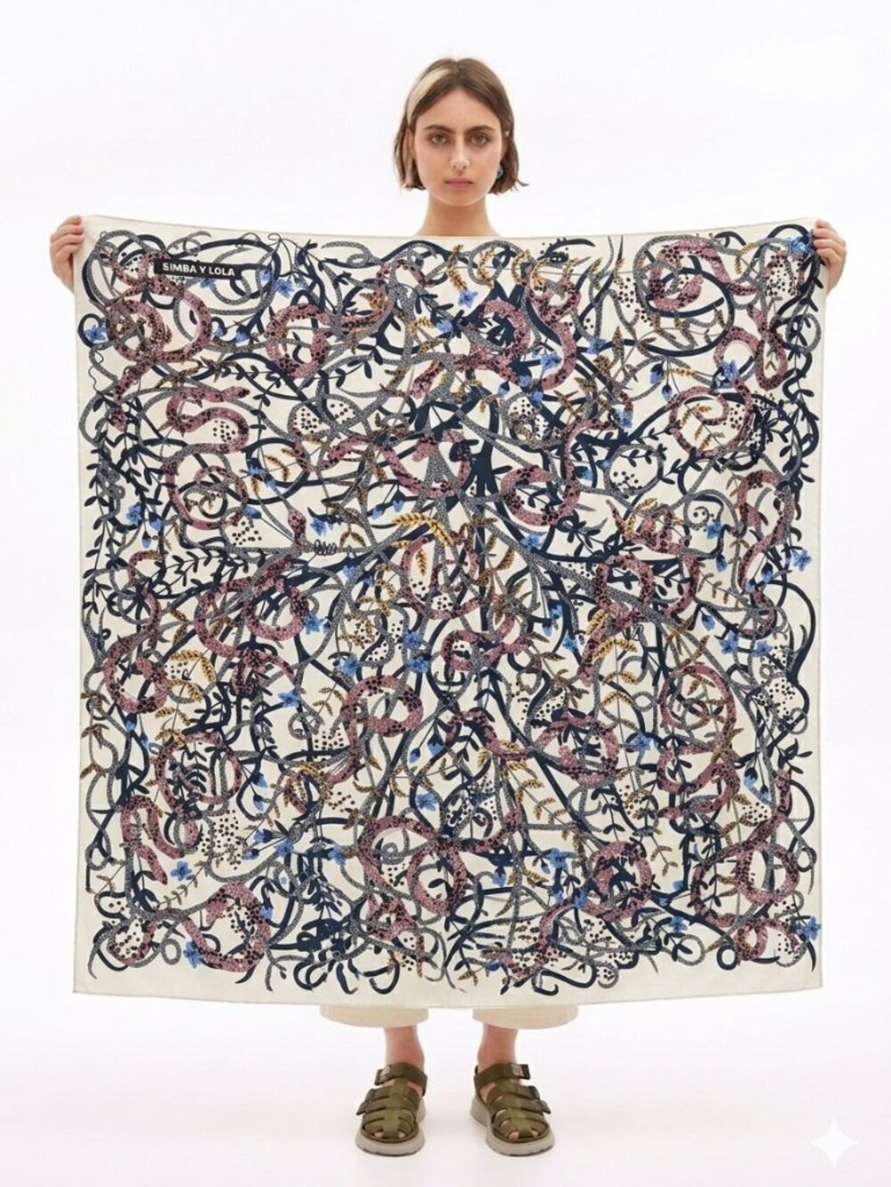 Bimba y Lola Silk Scarf Snake Print Abstract Neutral Square Designer